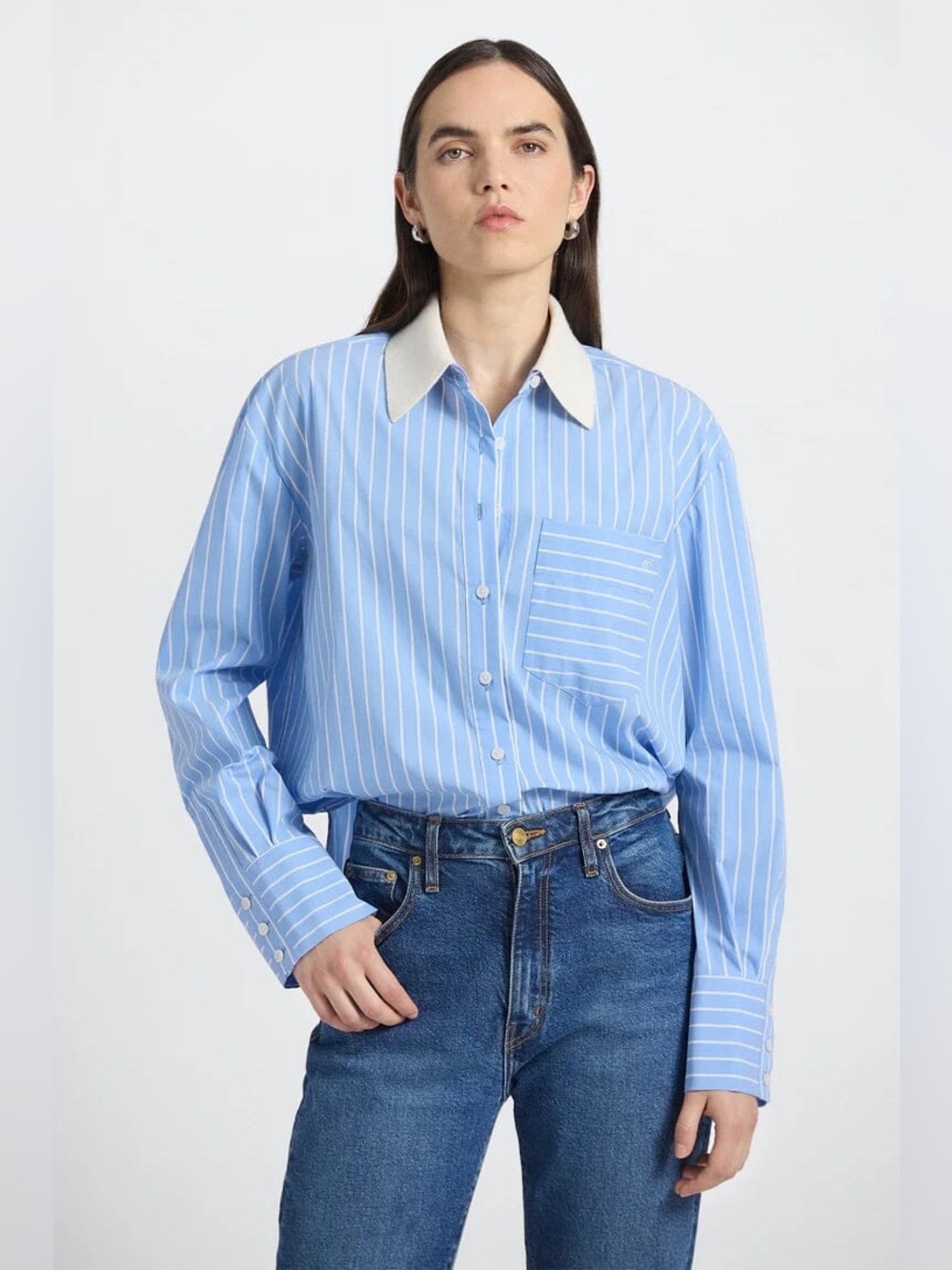 NWT Derek Lam 10 Crosby Coral Shirt Blue Poplin Stripe Removable Collar Small